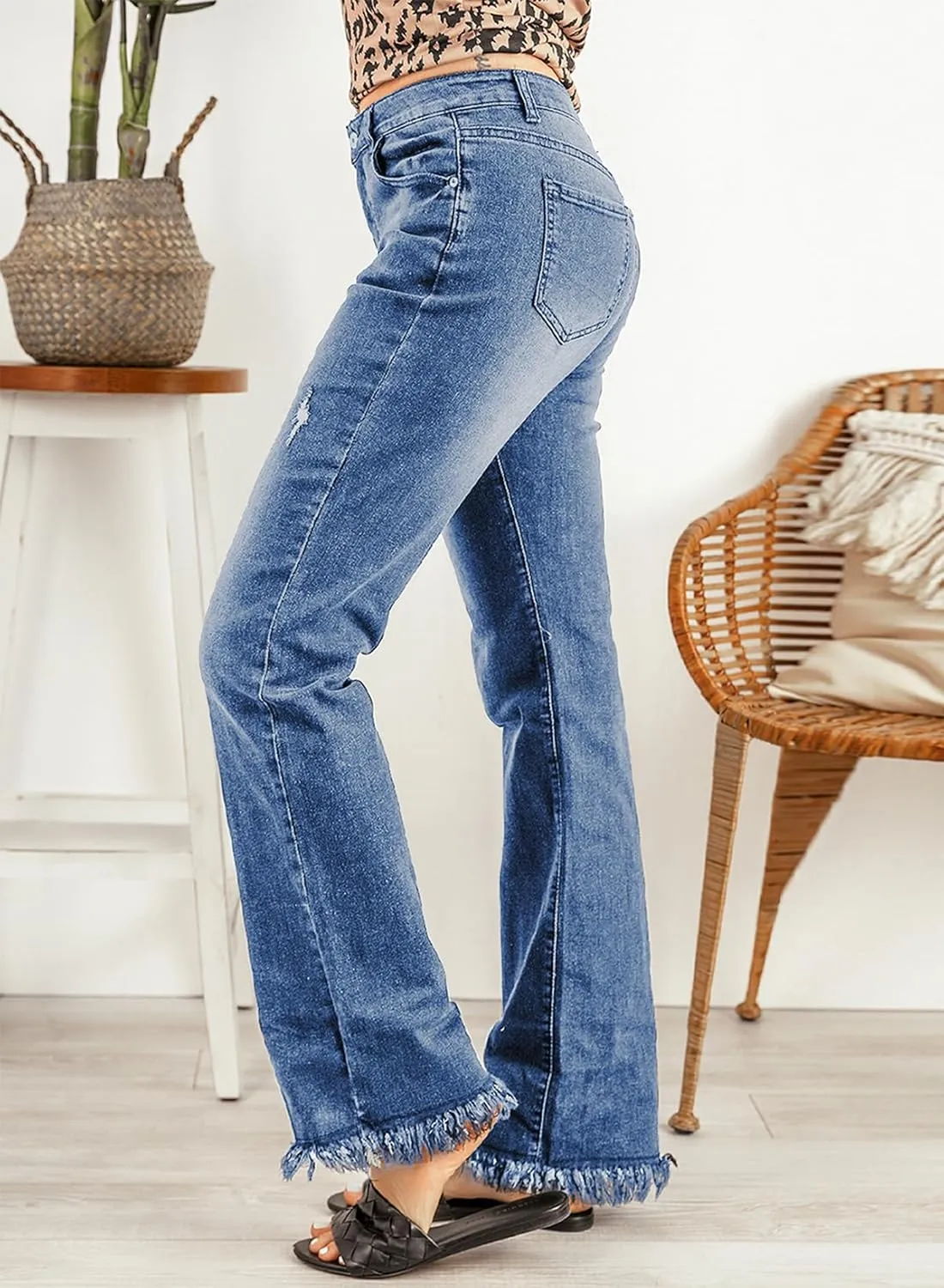 Sidefeel Women's Ripped High Waisted Flared Jeans Wide Leg Destroyed Denim Pants
