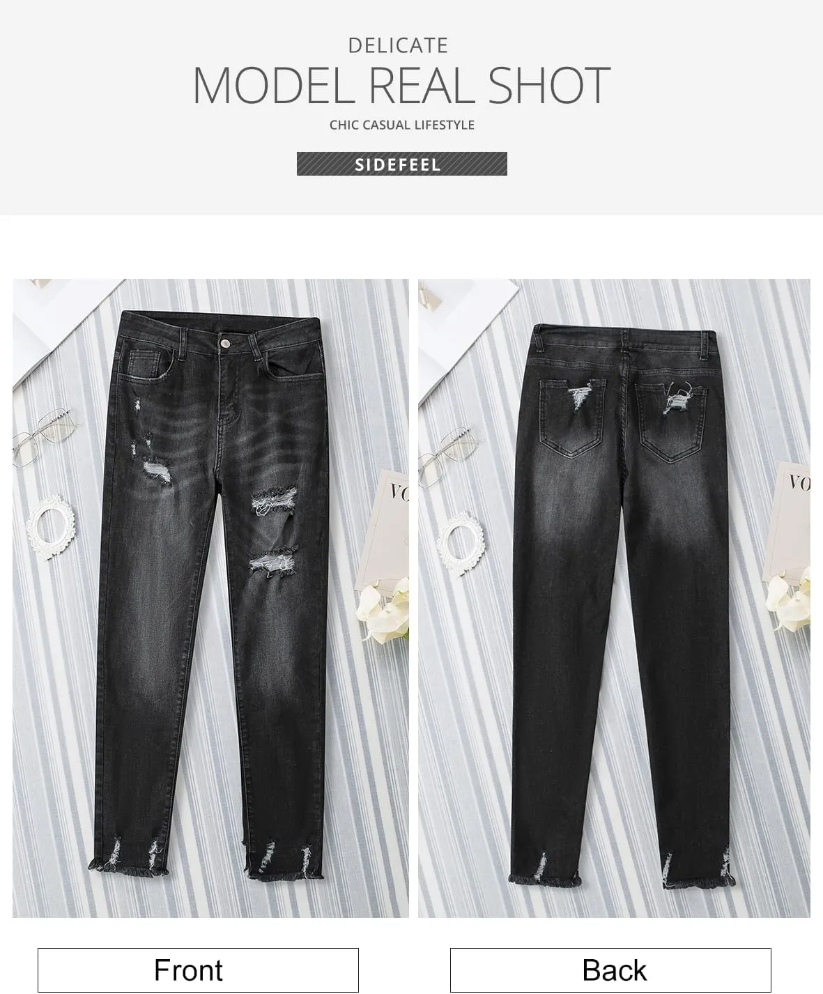 Sidefeel Women's Ripped Jeans Straight Leg Distressed Boyfriend Denim Pants