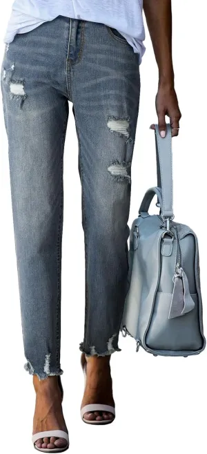 Sidefeel Women's Ripped Jeans Straight Leg Loose Distressed Boyfriend Zimbaplatinum Denim Pants
