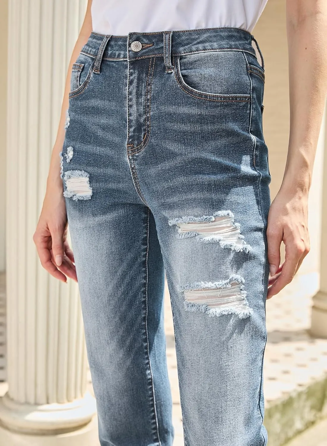 Sidefeel Women's Ripped Jeans Straight Leg Loose Distressed Boyfriend Zimbaplatinum Denim Pants
