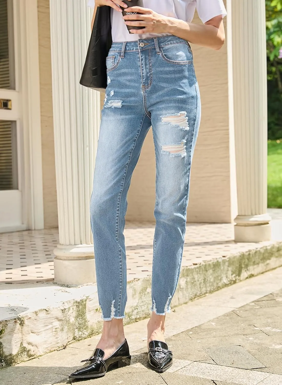 Sidefeel Women's Ripped Jeans Straight Leg Loose Distressed Boyfriend Zimbaplatinum Denim Pants