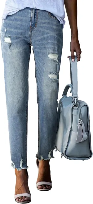 Sidefeel Women's Ripped Jeans Straight Leg Loose Distressed Boyfriend Zimbaplatinum Denim Pants