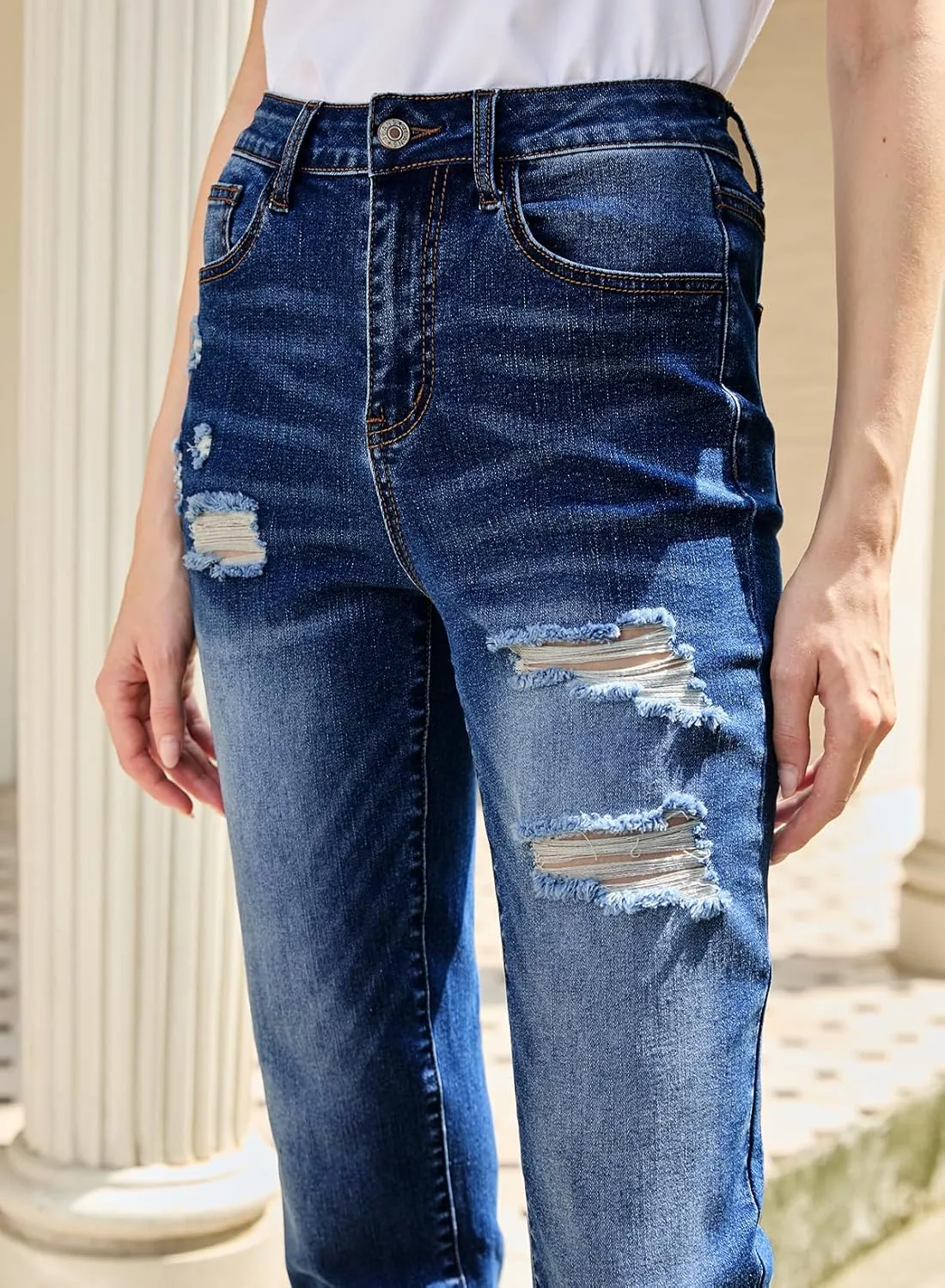 Sidefeel Women's Ripped Jeans Straight Leg Loose Distressed Boyfriend Zimbaplatinum Denim Pants