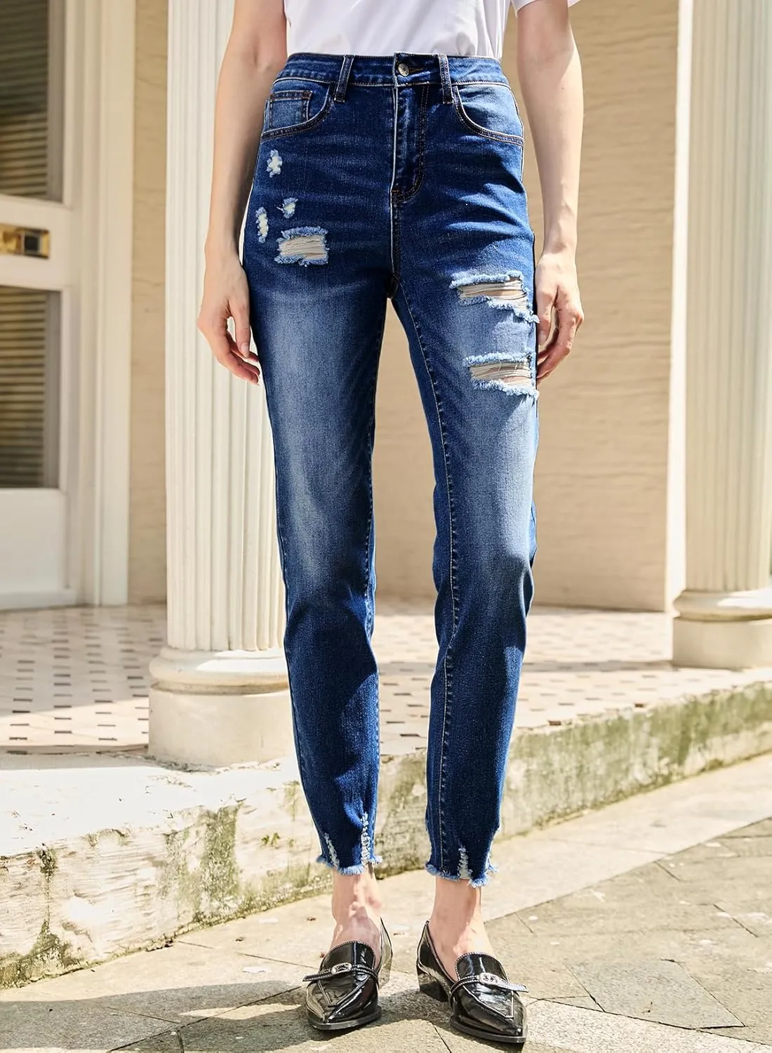Sidefeel Women's Ripped Jeans Straight Leg Loose Distressed Boyfriend Zimbaplatinum Denim Pants
