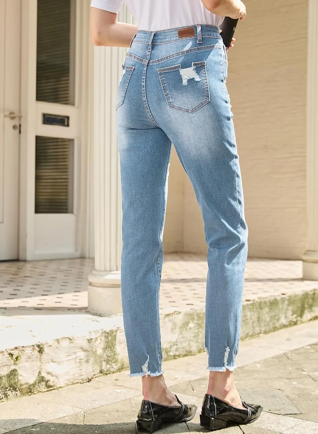 Sidefeel Women's Ripped Jeans Straight Leg Loose Distressed Boyfriend Zimbaplatinum Denim Pants
