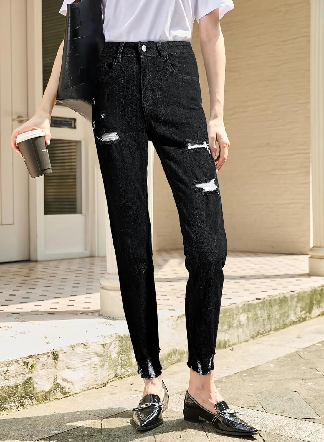 Sidefeel Women's Ripped Jeans Straight Leg Loose Distressed Boyfriend Zimbaplatinum Denim Pants