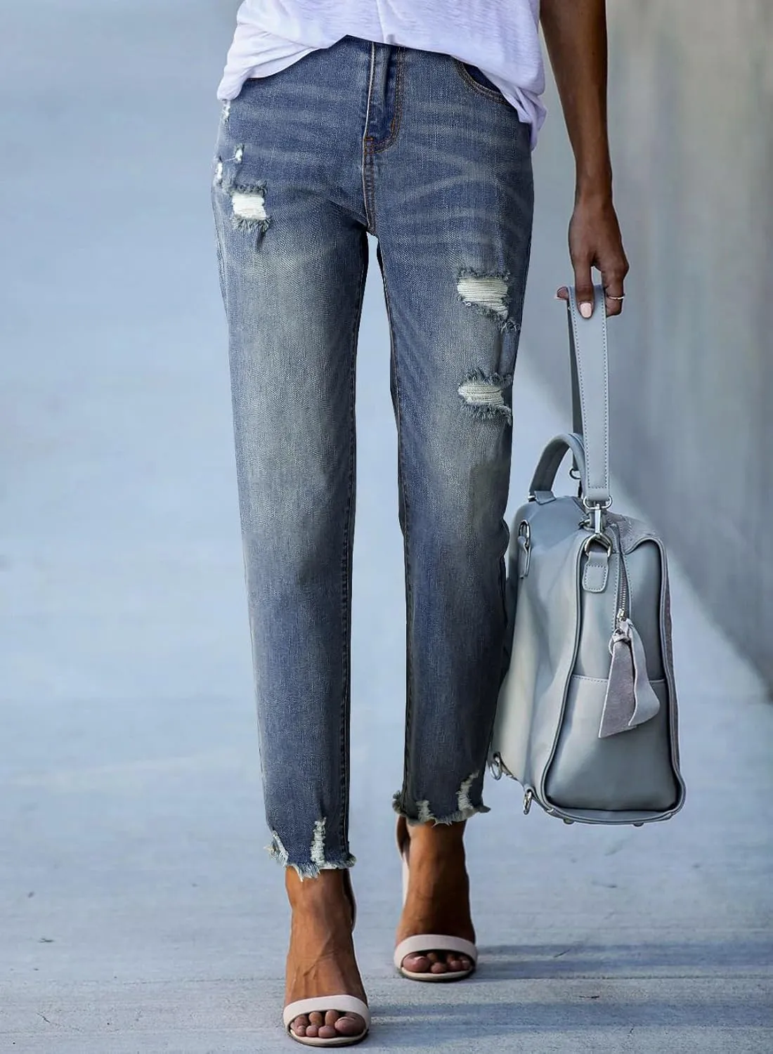 Sidefeel Women's Ripped Jeans Straight Leg Loose Distressed Boyfriend Zimbaplatinum Denim Pants