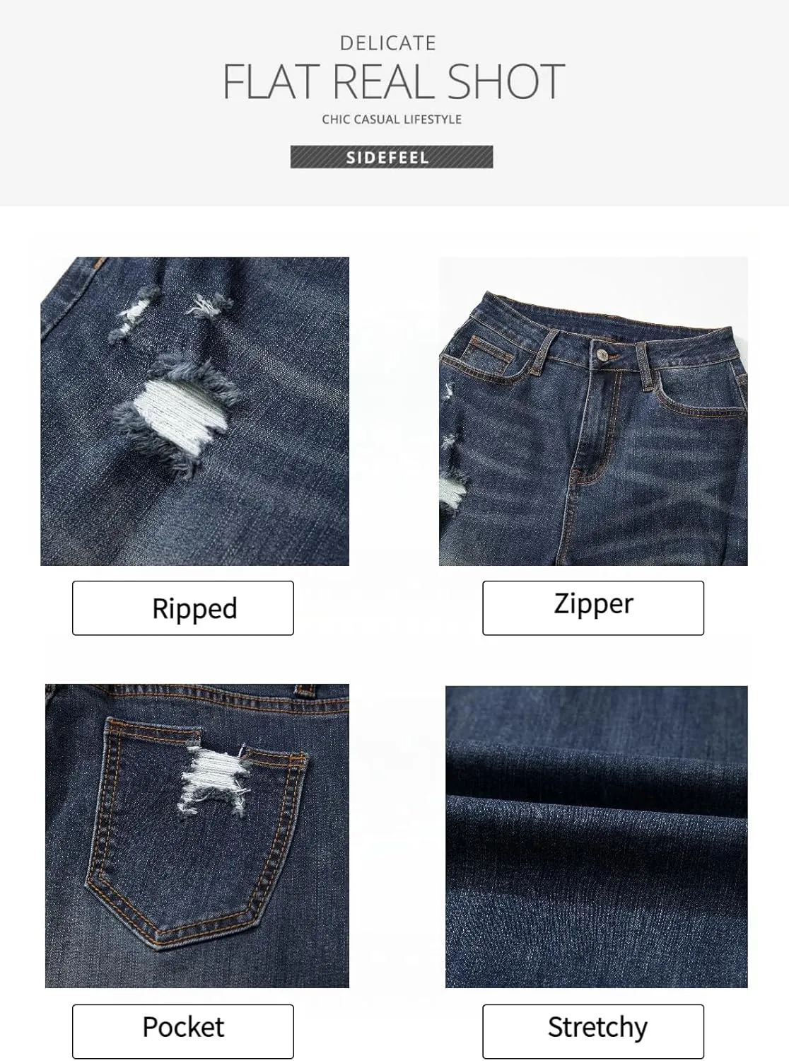 Sidefeel Women's Ripped Jeans Straight Leg Loose Distressed Boyfriend Zimbaplatinum Denim Pants