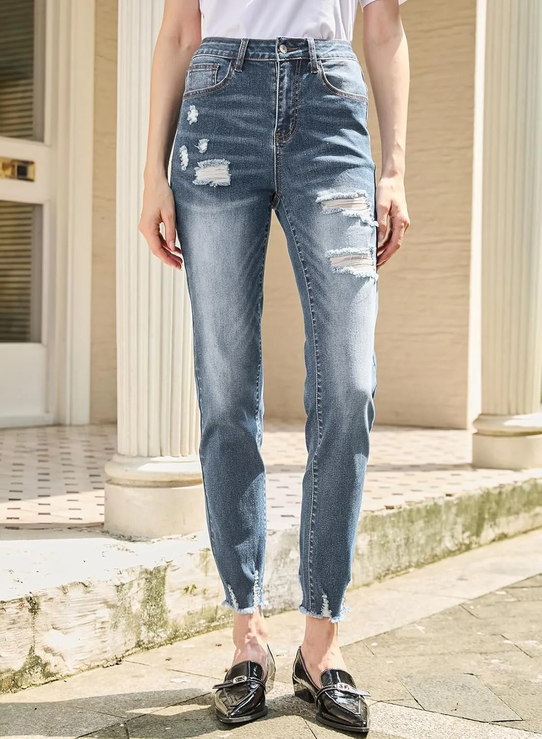 Sidefeel Women's Ripped Jeans Straight Leg Loose Distressed Boyfriend Zimbaplatinum Denim Pants
