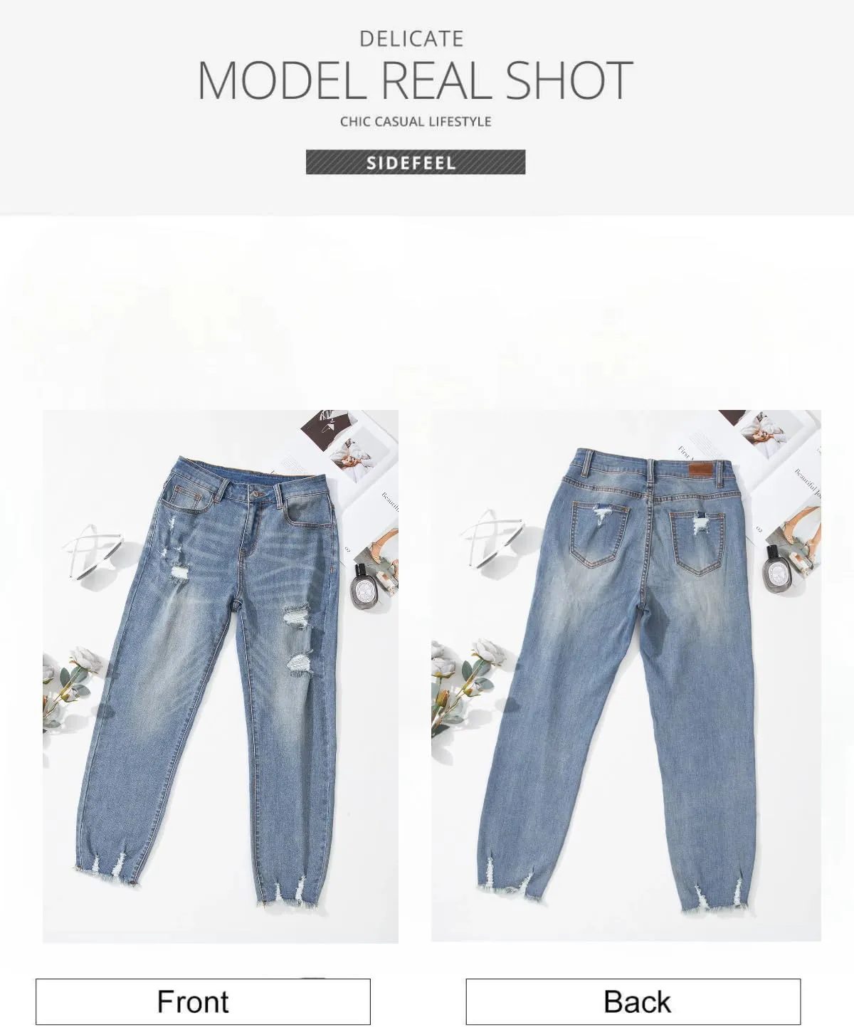 Sidefeel Women's Ripped Jeans Straight Leg Loose Distressed Boyfriend Zimbaplatinum Denim Pants