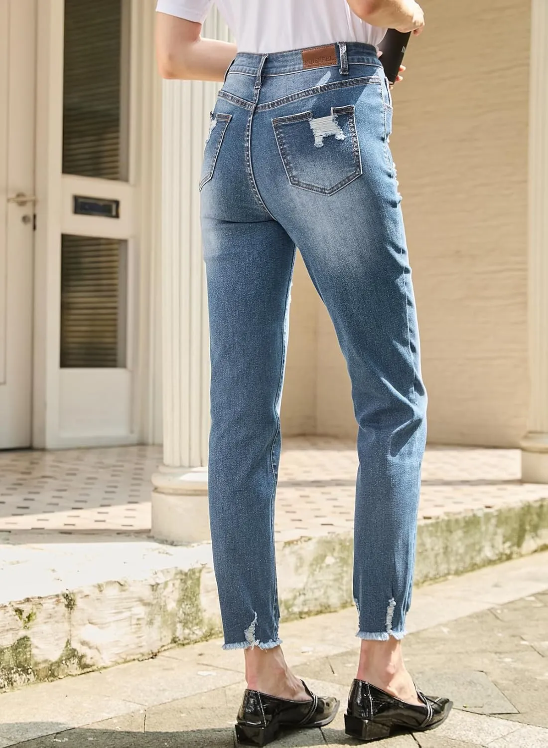 Sidefeel Women's Ripped Jeans Straight Leg Loose Distressed Boyfriend Zimbaplatinum Denim Pants