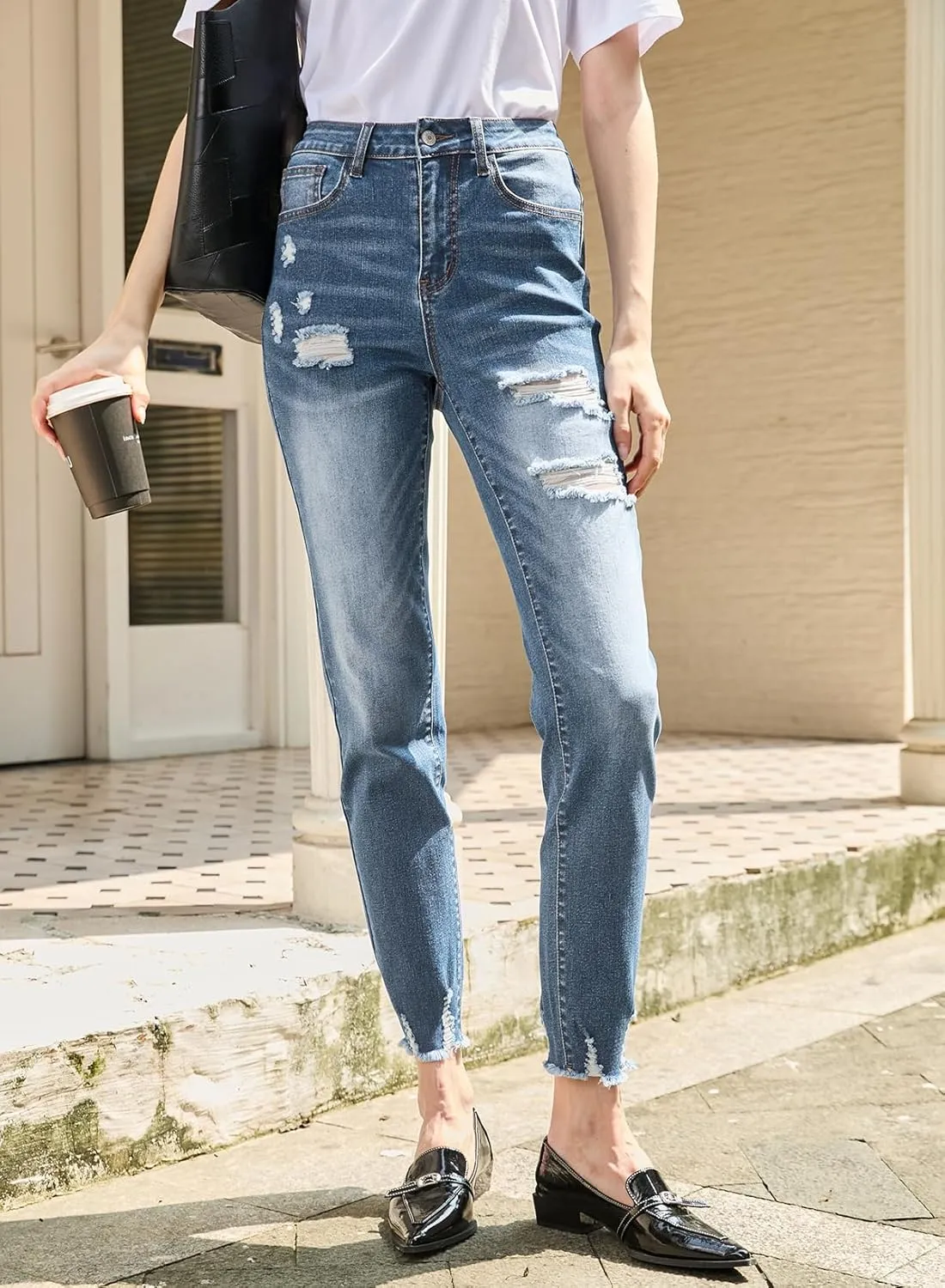 Sidefeel Women's Ripped Jeans Straight Leg Loose Distressed Boyfriend Zimbaplatinum Denim Pants