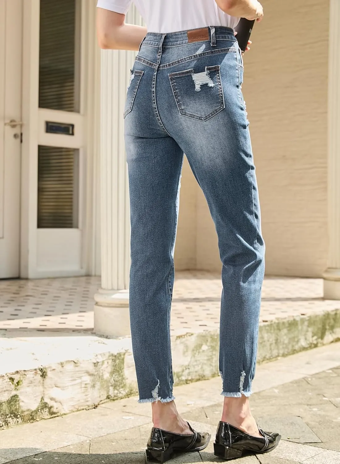 Sidefeel Women's Ripped Jeans Straight Leg Loose Distressed Boyfriend Zimbaplatinum Denim Pants