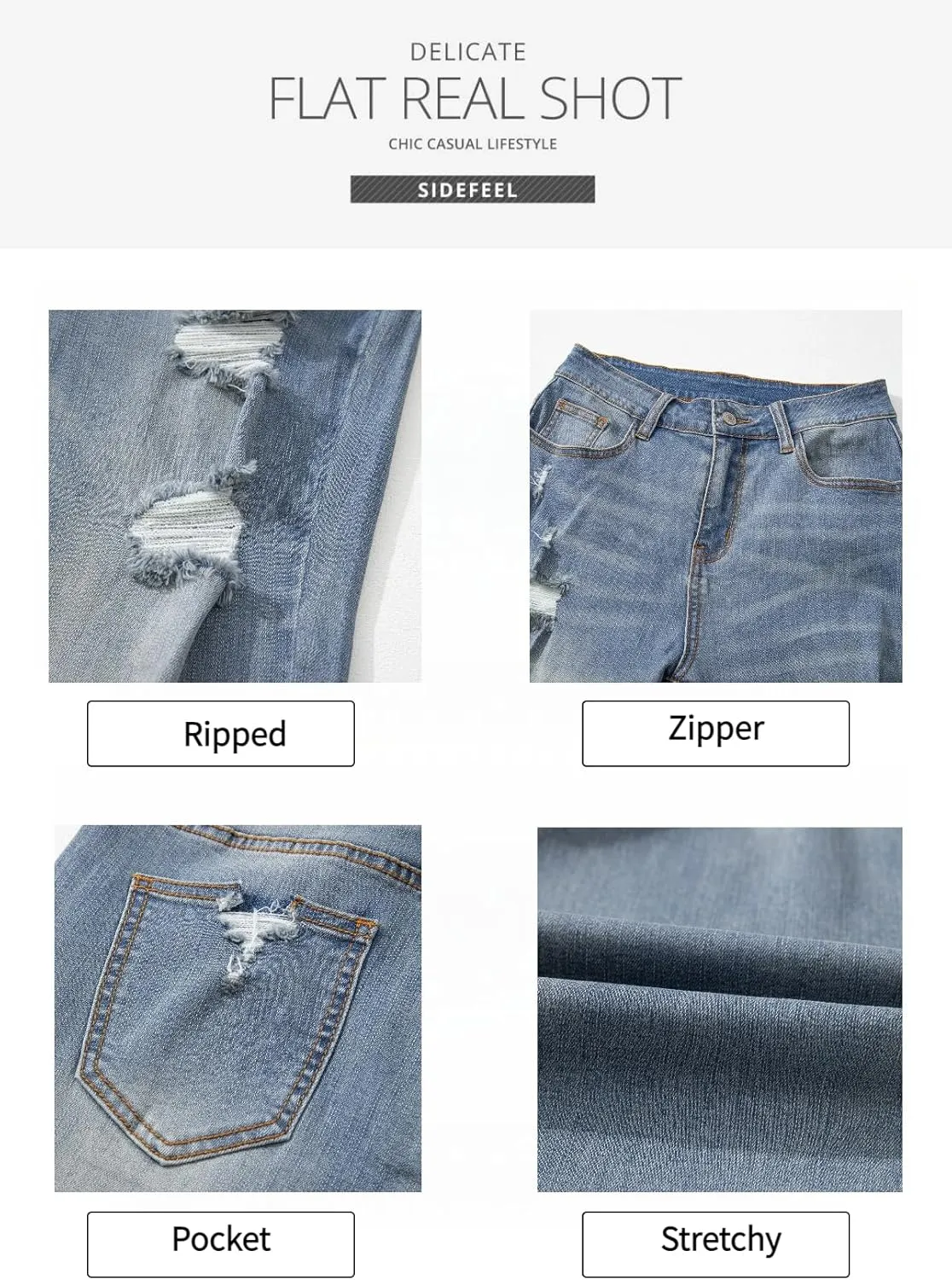 Sidefeel Women's Ripped Jeans Straight Leg Loose Distressed Boyfriend Zimbaplatinum Denim Pants