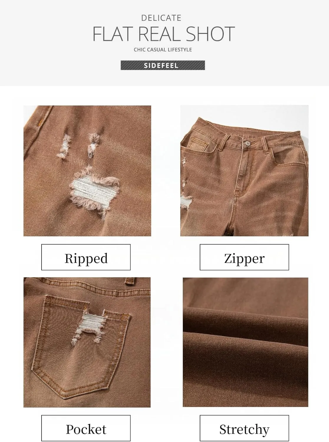 Sidefeel Women's Ripped Jeans Straight Leg Loose Distressed Boyfriend Zimbaplatinum Denim Pants