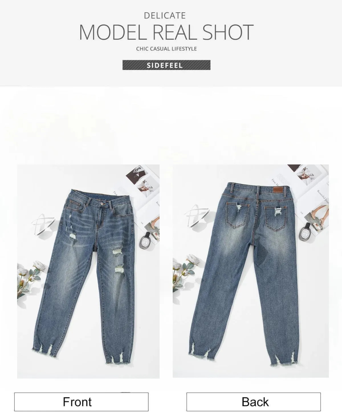Sidefeel Women's Ripped Jeans Straight Leg Loose Distressed Boyfriend Zimbaplatinum Denim Pants
