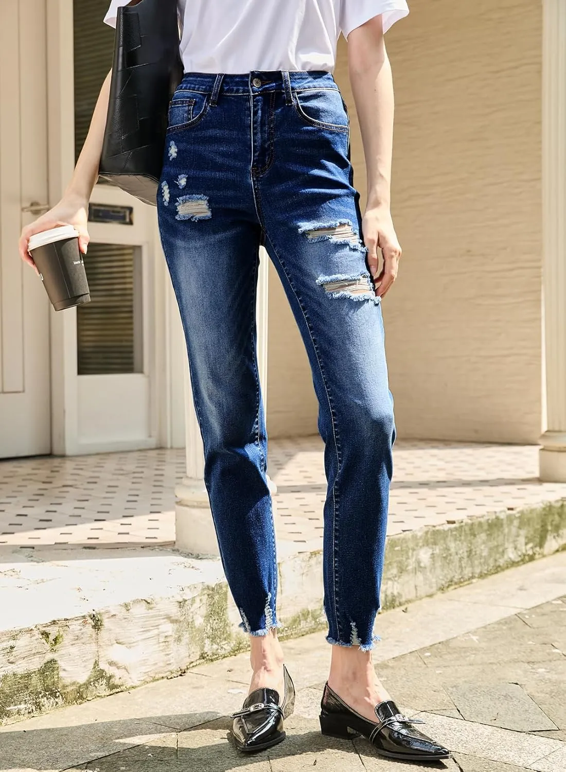 Sidefeel Women's Ripped Jeans Straight Leg Loose Distressed Boyfriend Zimbaplatinum Denim Pants