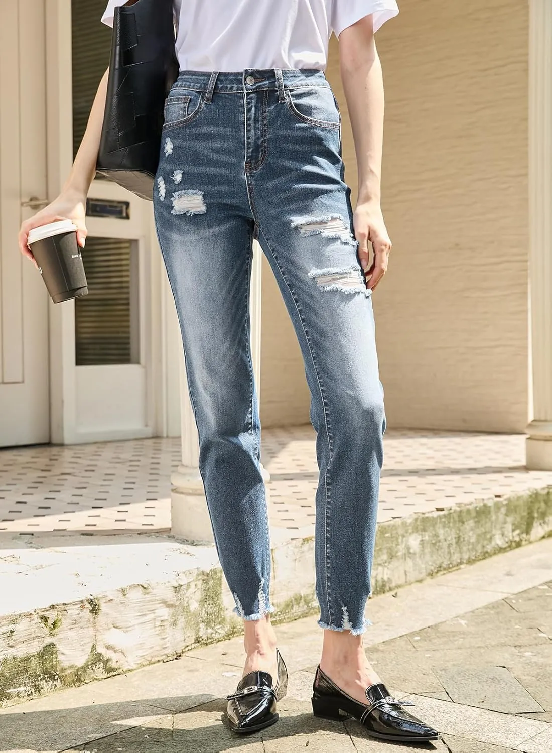 Sidefeel Women's Ripped Jeans Straight Leg Loose Distressed Boyfriend Zimbaplatinum Denim Pants