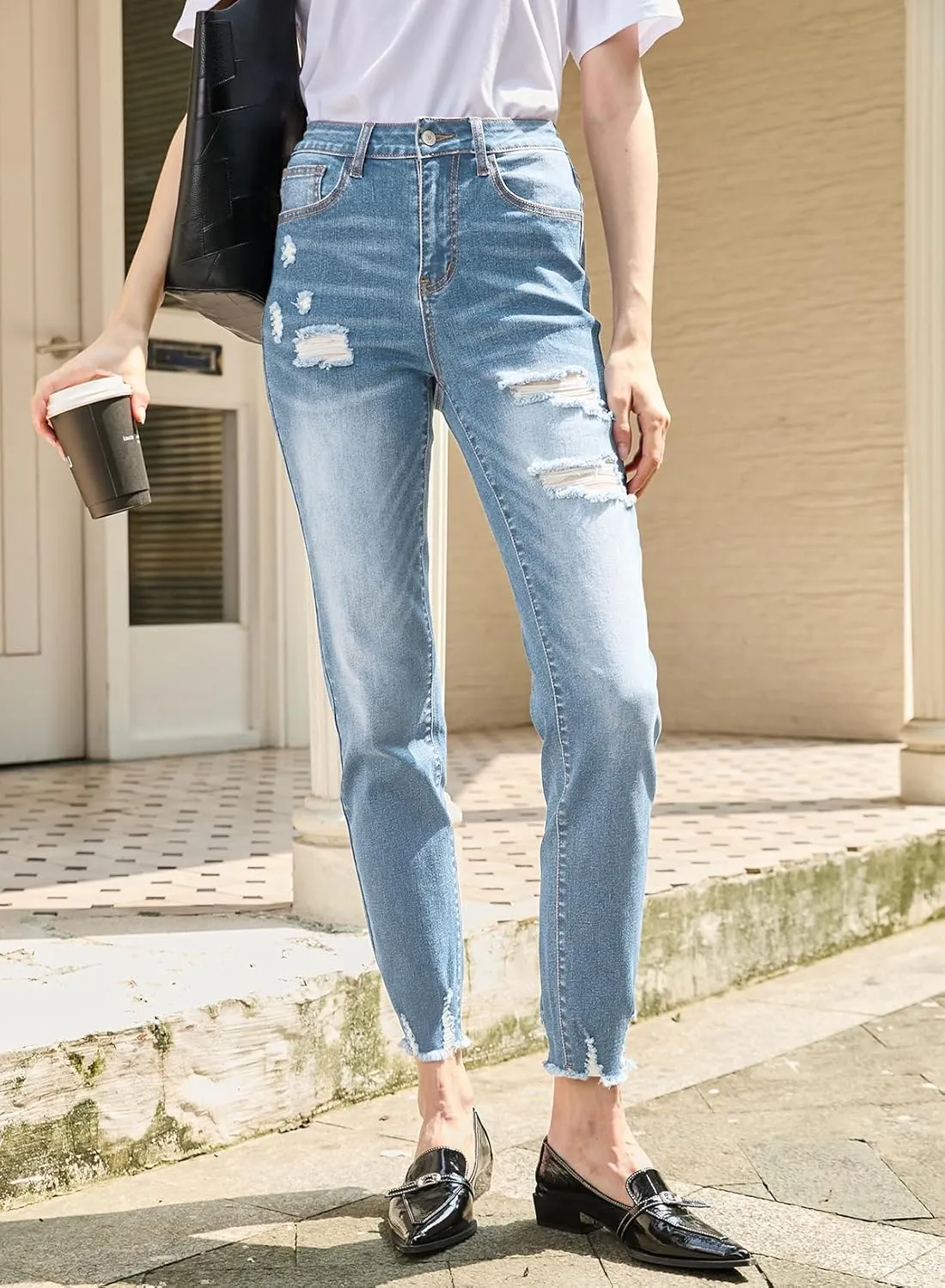 Sidefeel Women's Ripped Jeans Straight Leg Loose Distressed Boyfriend Zimbaplatinum Denim Pants