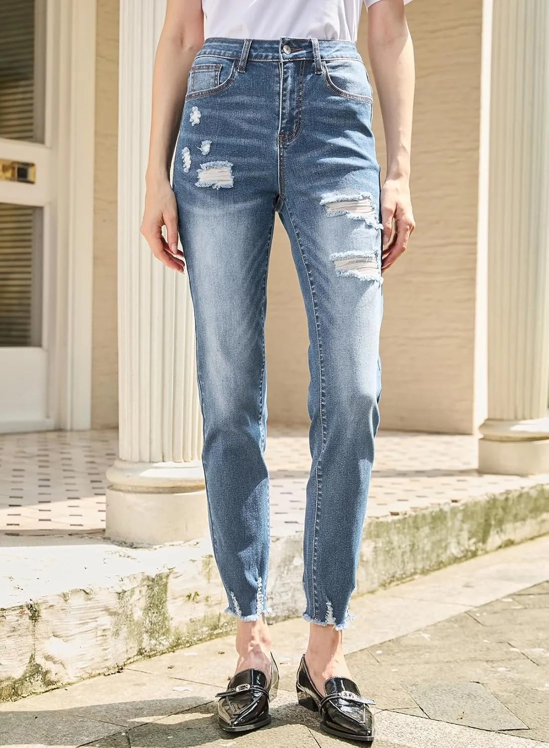 Sidefeel Women's Ripped Jeans Straight Leg Loose Distressed Boyfriend Zimbaplatinum Denim Pants
