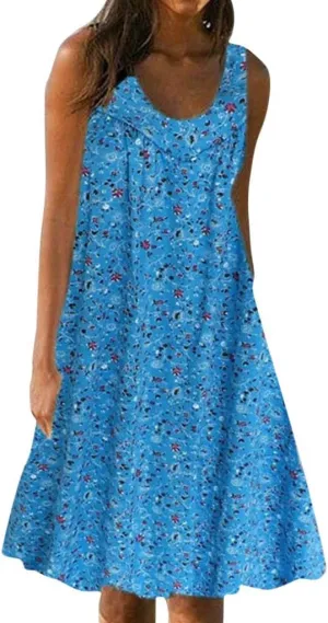 Sleeveless Dress for Women Women's Summer Tank Midi Dress with Pockets Sleeveless A Line Dress Casual Floral T Shirt