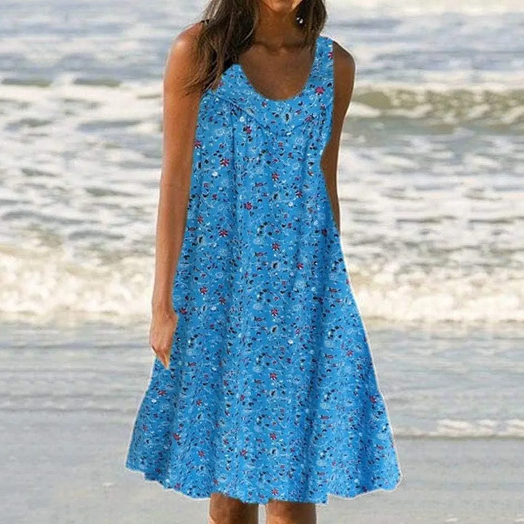 Sleeveless Dress for Women Women's Summer Tank Midi Dress with Pockets Sleeveless A Line Dress Casual Floral T Shirt