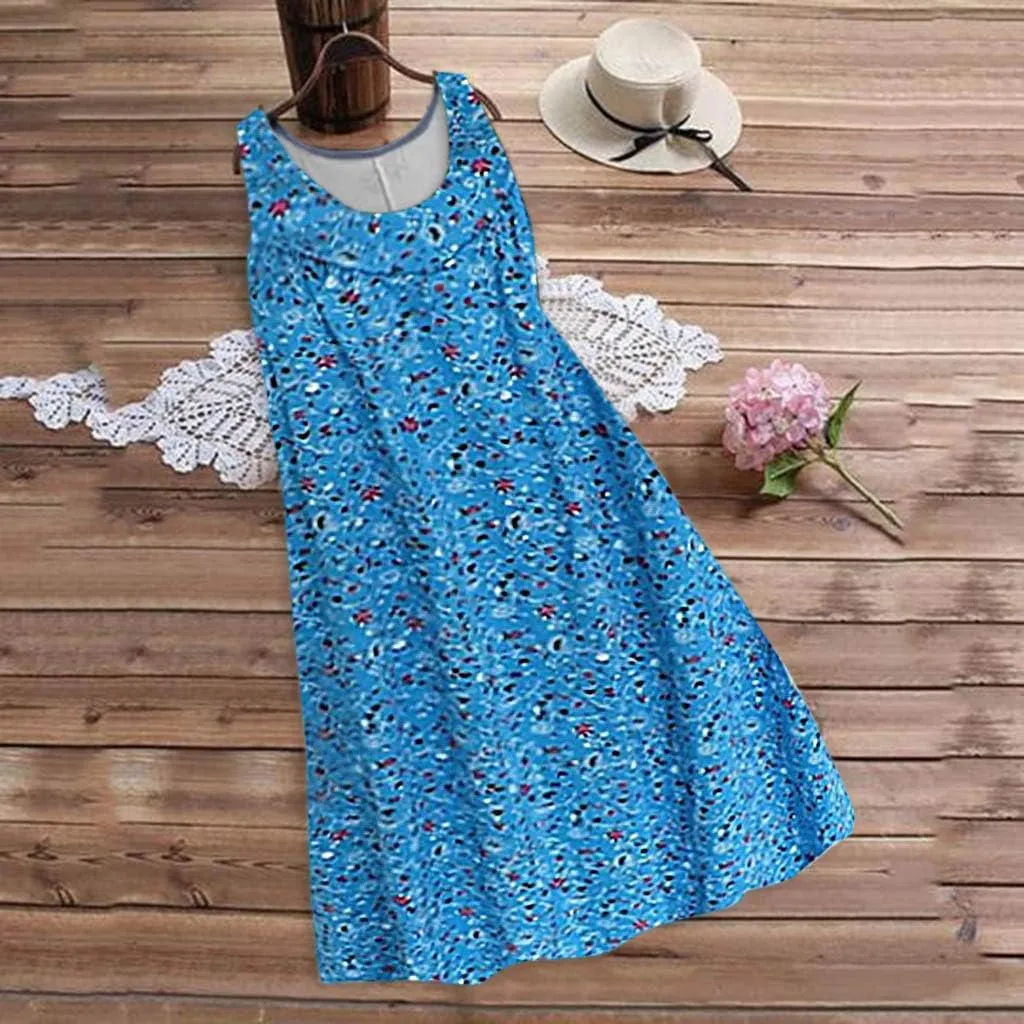 Sleeveless Dress for Women Women's Summer Tank Midi Dress with Pockets Sleeveless A Line Dress Casual Floral T Shirt