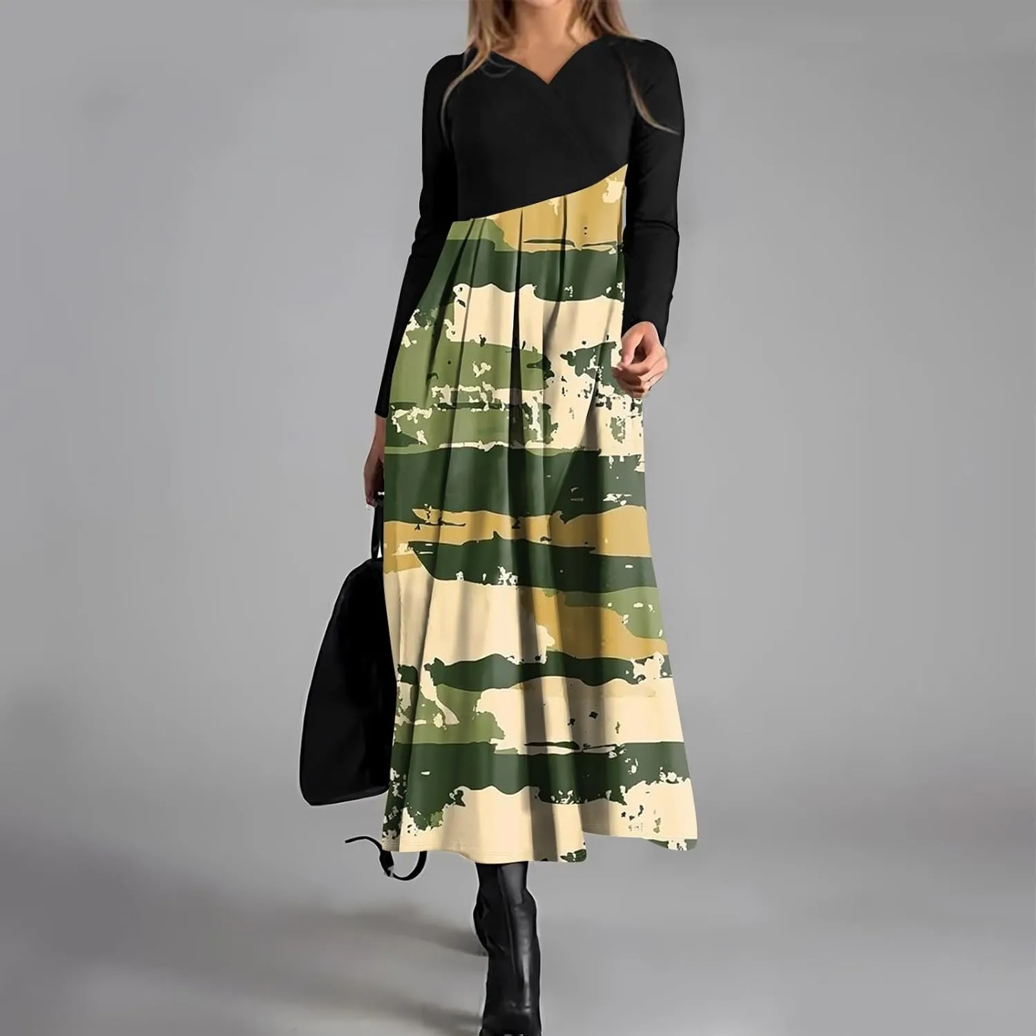 Spring Dresses for Women 2025 V Neck Midi Long Sleeve Flowy Vacation Summer Tea Length Curvy Waist Dress