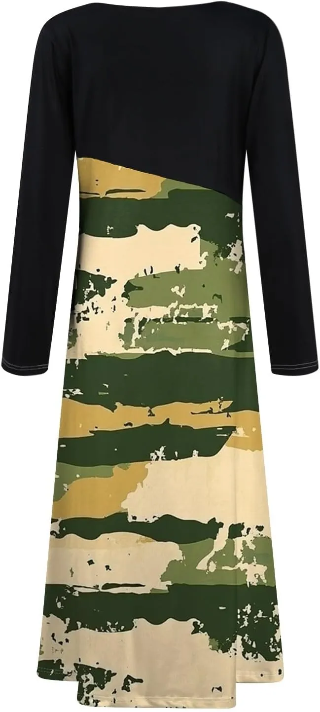 Spring Dresses for Women 2025 V Neck Midi Long Sleeve Flowy Vacation Summer Tea Length Curvy Waist Dress