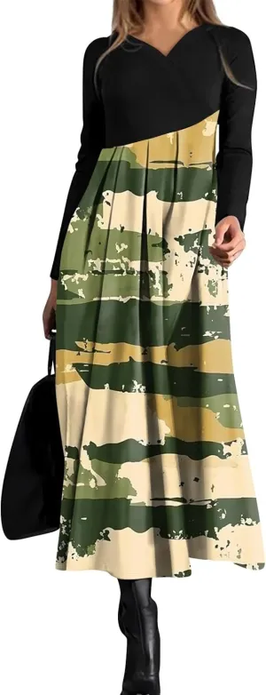 Spring Dresses for Women 2025 V Neck Midi Long Sleeve Flowy Vacation Summer Tea Length Curvy Waist Dress