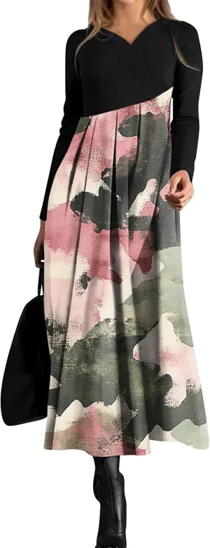 Spring Dresses for Women 2025 V Neck Midi Long Sleeve Flowy Vacation Summer Tea Length Curvy Waist Dress
