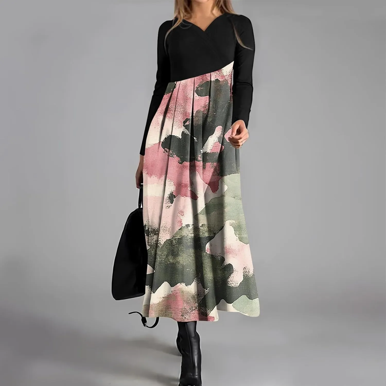 Spring Dresses for Women 2025 V Neck Midi Long Sleeve Flowy Vacation Summer Tea Length Curvy Waist Dress
