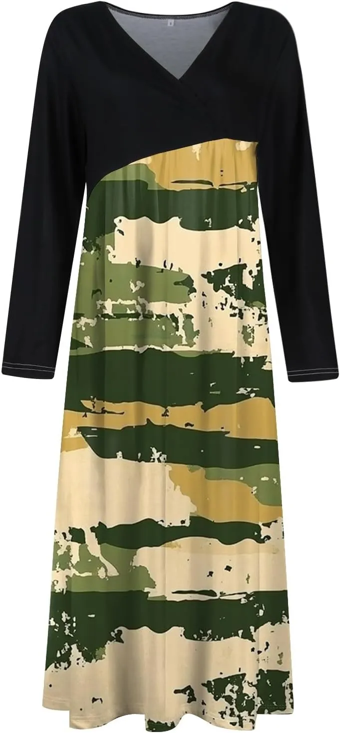 Spring Dresses for Women 2025 V Neck Midi Long Sleeve Flowy Vacation Summer Tea Length Curvy Waist Dress