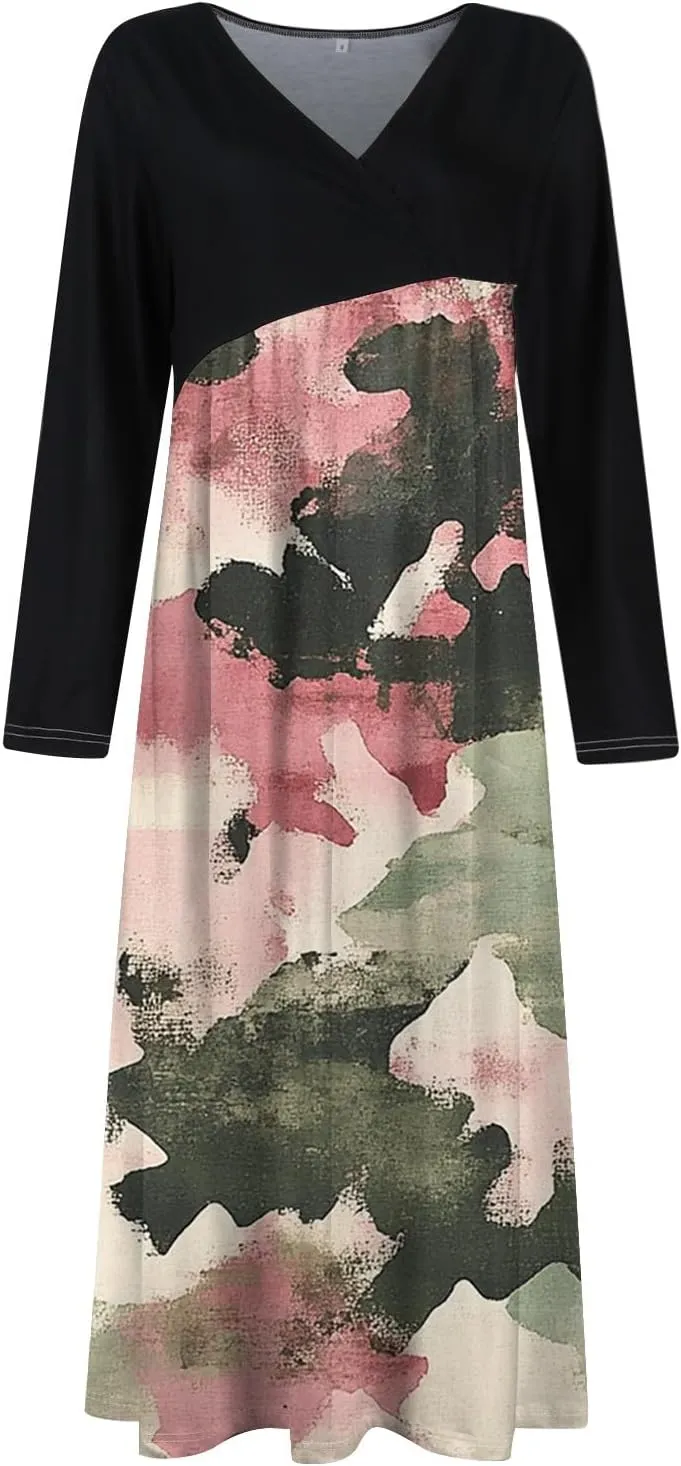 Spring Dresses for Women 2025 V Neck Midi Long Sleeve Flowy Vacation Summer Tea Length Curvy Waist Dress