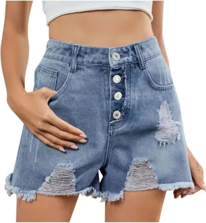 Stretchy Jean Shorts for Womens High Waisted Buttons Frayed Raw Hem Ripped Distressed Denim Shorts with Pockets