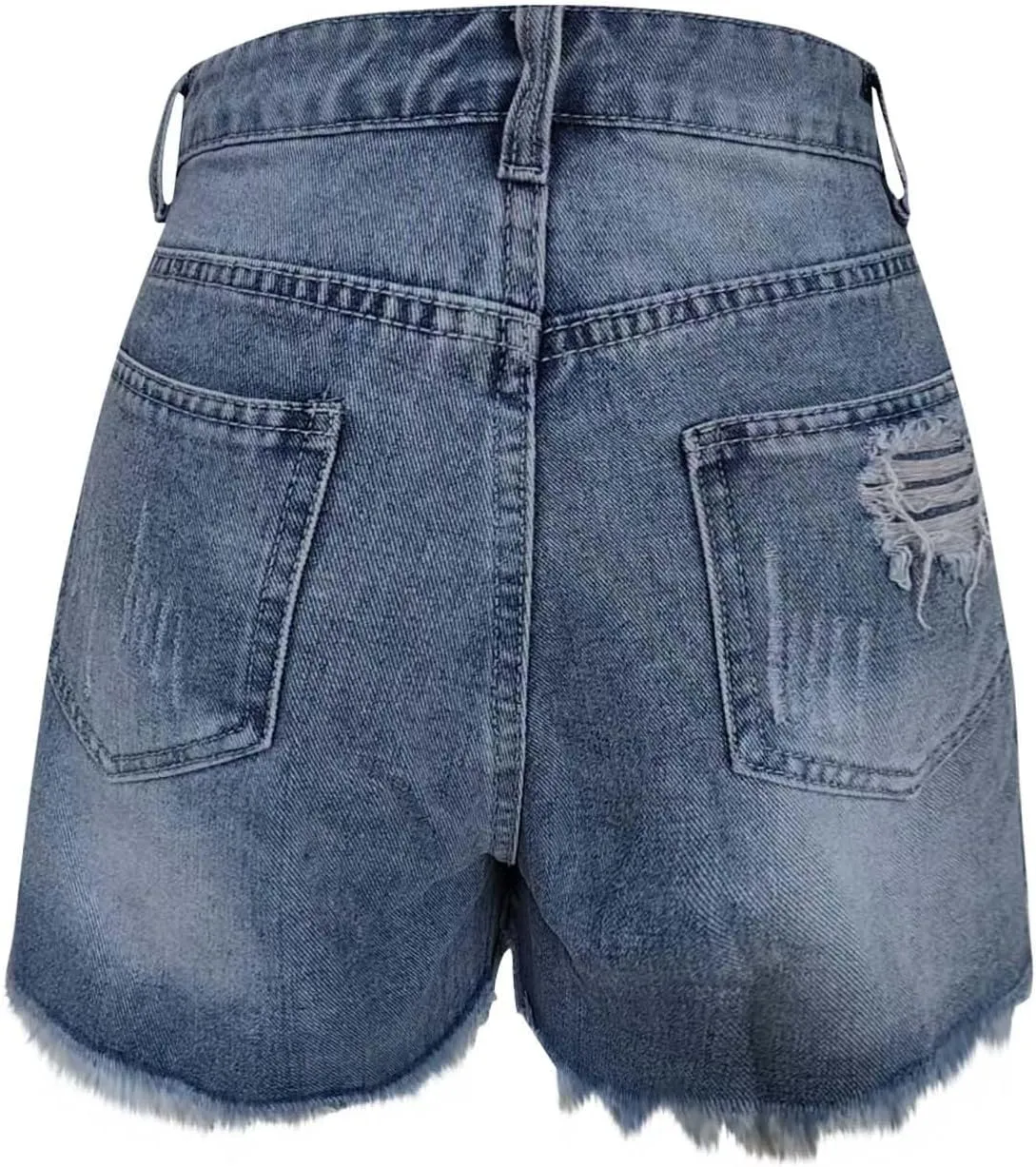 Stretchy Jean Shorts for Womens High Waisted Buttons Frayed Raw Hem Ripped Distressed Denim Shorts with Pockets
