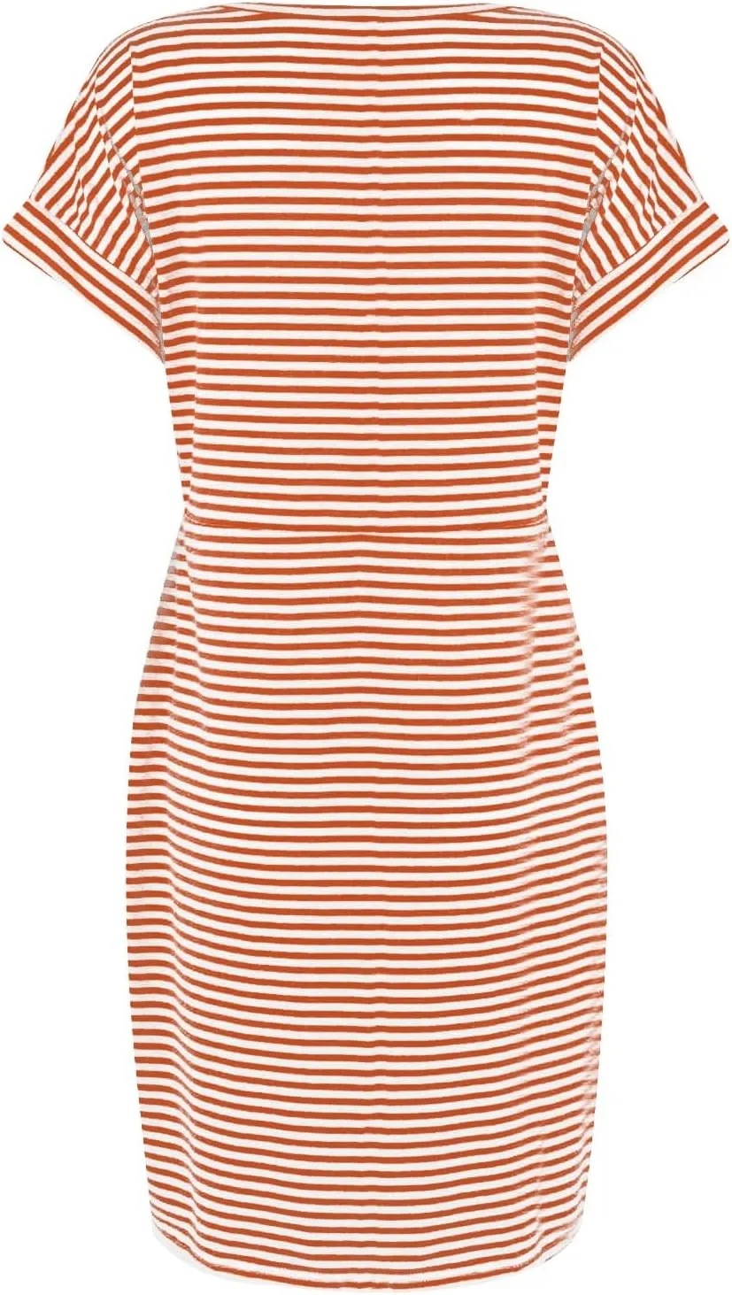 Striped Tshirt Dress Women Cotton Tie Waist Casual Summer Dresses Boat Neck Short Sleeve Wrap Dress Belted Midi Dress