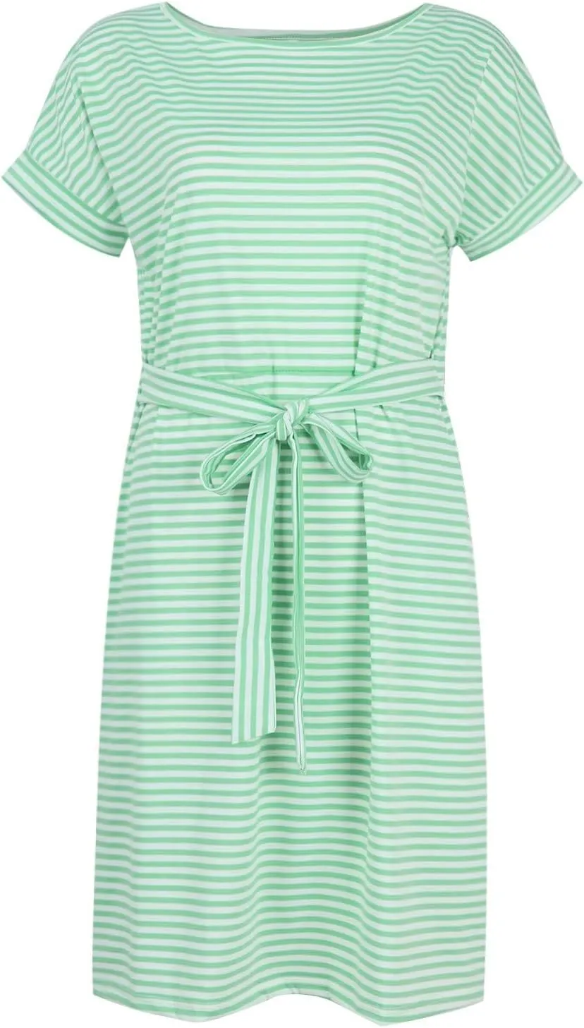 Striped Tshirt Dress Women Cotton Tie Waist Casual Summer Dresses Boat Neck Short Sleeve Wrap Dress Belted Midi Dress