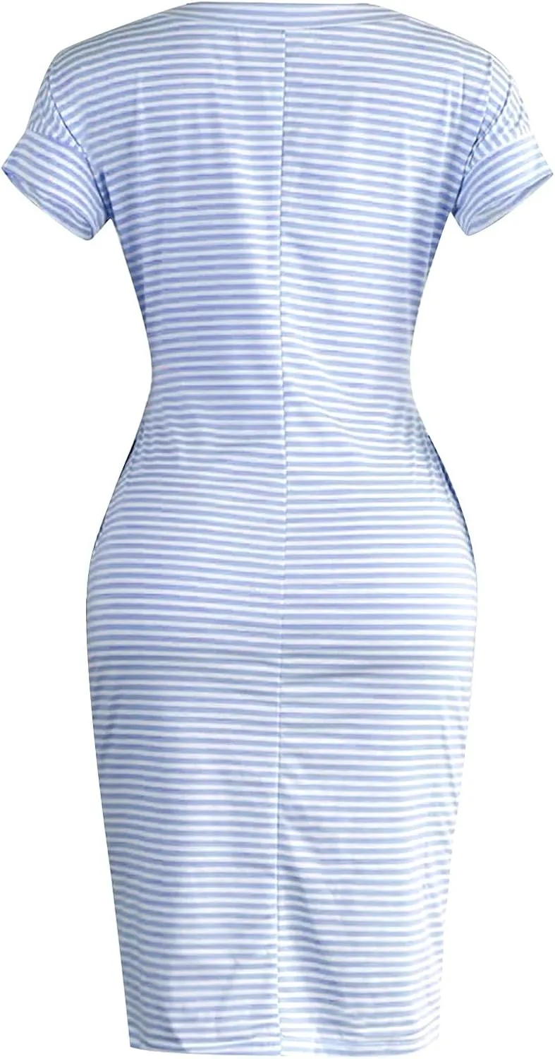 Striped Tshirt Dress Women Cotton Tie Waist Casual Summer Dresses Boat Neck Short Sleeve Wrap Dress Belted Midi Dress