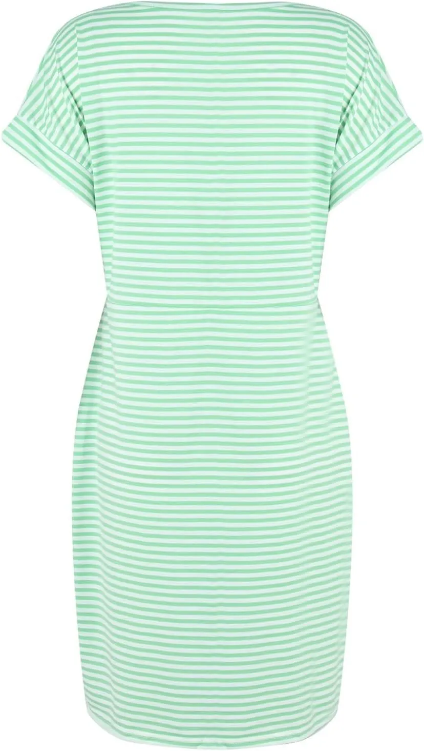 Striped Tshirt Dress Women Cotton Tie Waist Casual Summer Dresses Boat Neck Short Sleeve Wrap Dress Belted Midi Dress