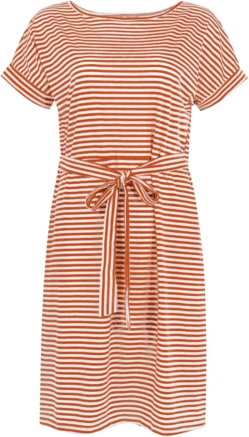 Striped Tshirt Dress Women Cotton Tie Waist Casual Summer Dresses Boat Neck Short Sleeve Wrap Dress Belted Midi Dress