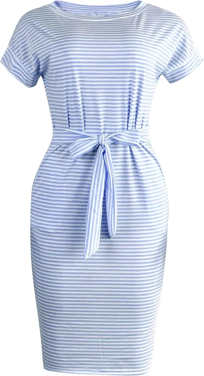 Striped Tshirt Dress Women Cotton Tie Waist Casual Summer Dresses Boat Neck Short Sleeve Wrap Dress Belted Midi Dress