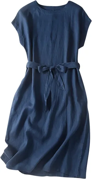 Summer Cap Sleeve Shirt Dress for Women Plain Boat Neck Flowy Belted Tunic Dresses Casual Office Beach Sundress 2024