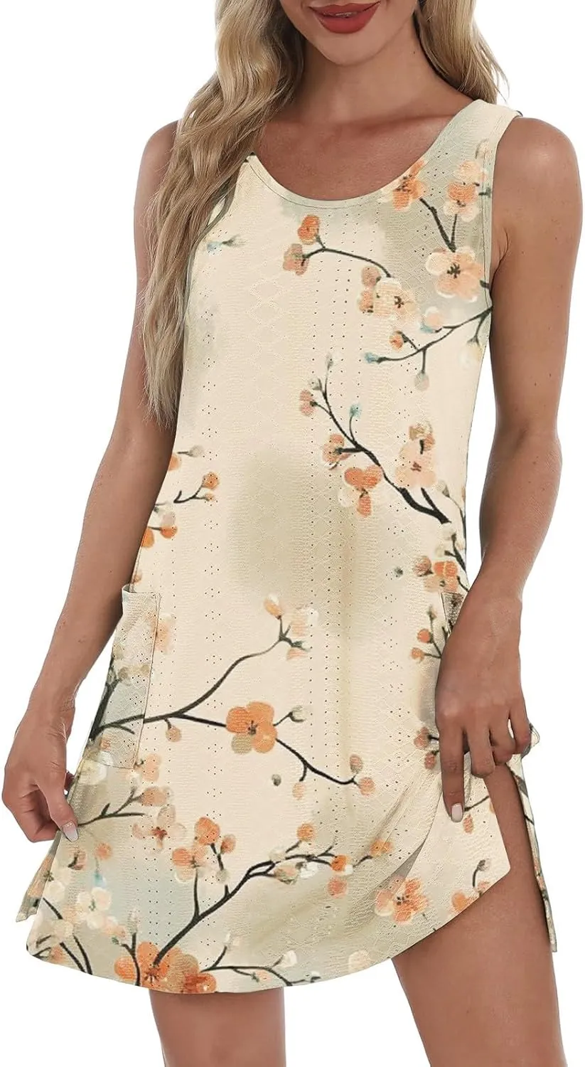 Summer Dresses for Women 2025 Beach T Shirt Dresses Sleeveless Floral Flowy Tshirt Tank Sundresses with Pocket