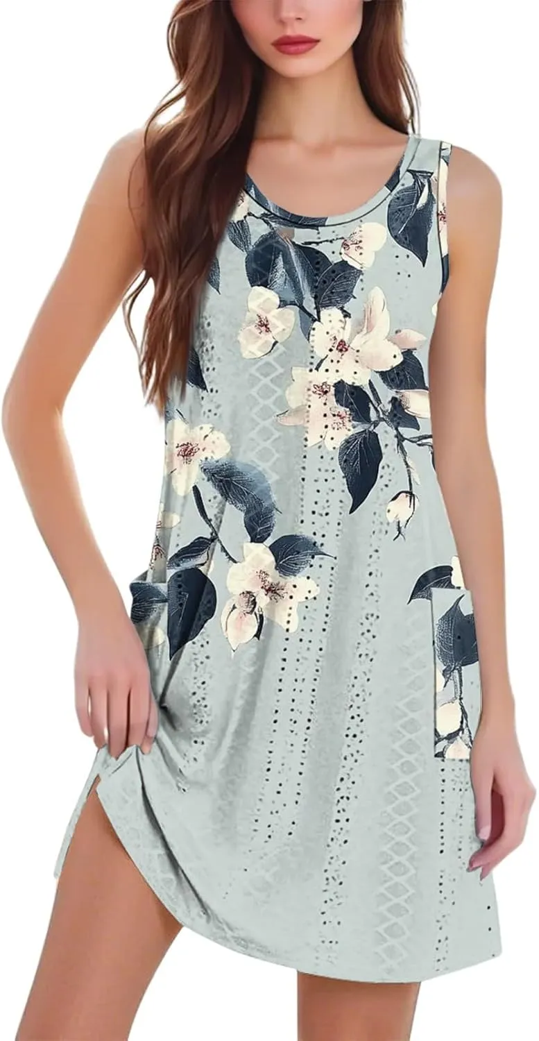Summer Dresses for Women 2025 Beach Vacation Spring Clothes Sleeveless Crewneck Casual Floral Dress