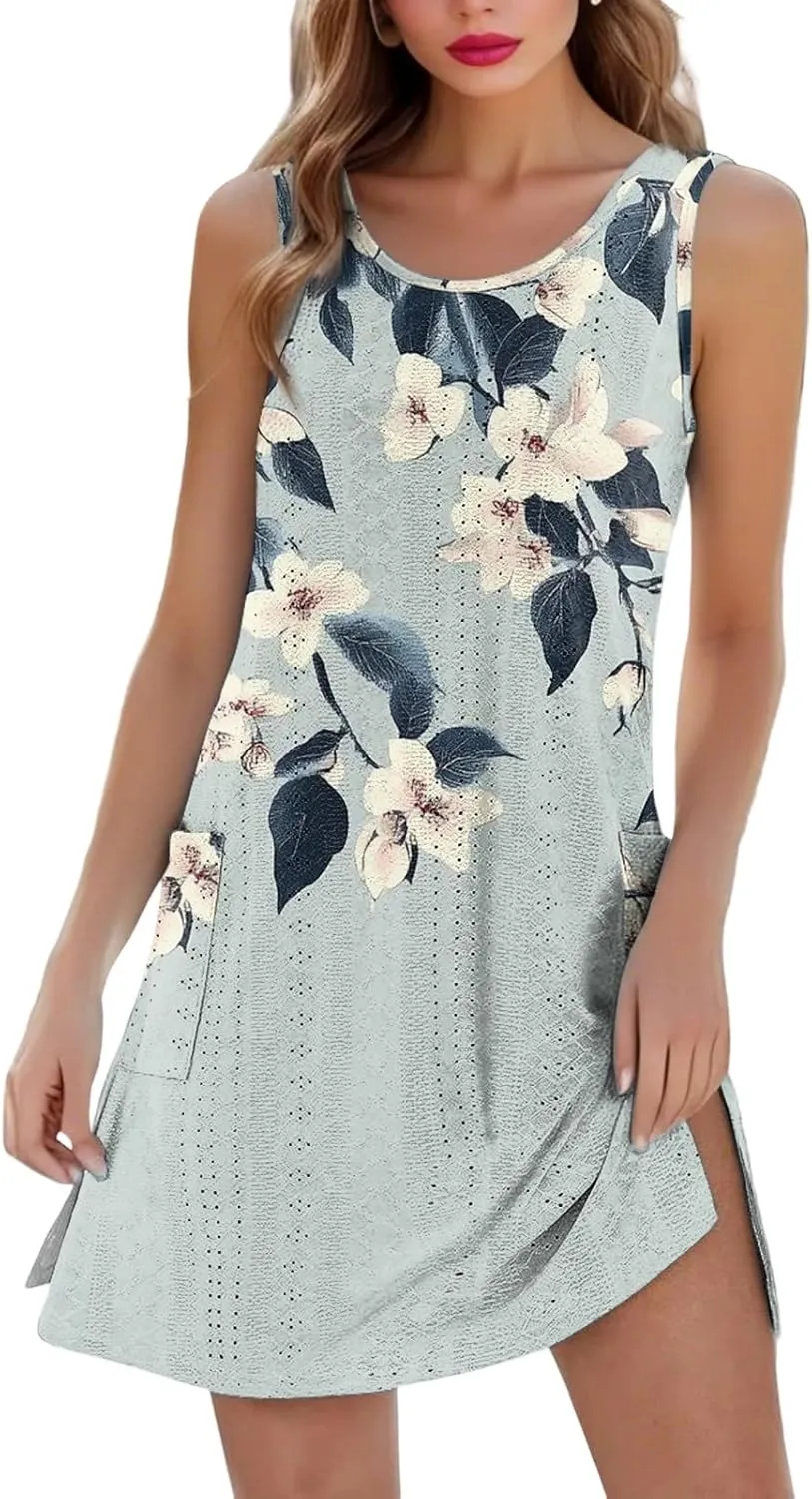 Summer Dresses for Women 2025 Beach Vacation Spring Clothes Sleeveless Crewneck Casual Floral Dress