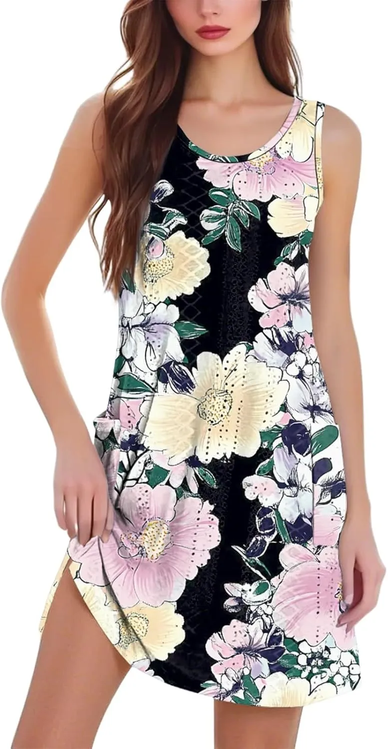 Summer Dresses for Women 2025 Beach Vacation Spring Clothes Sleeveless Crewneck Casual Floral Dress
