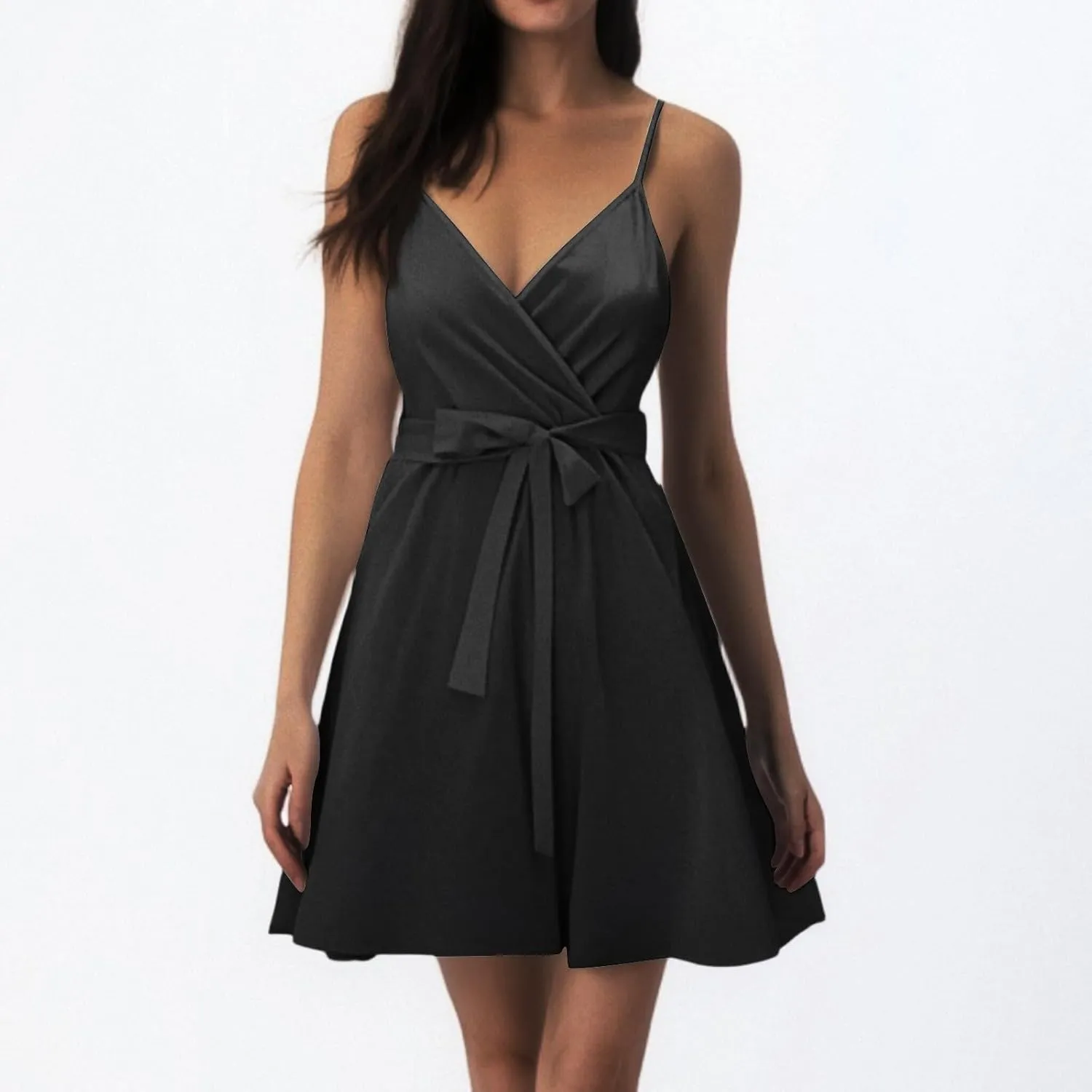 Summer Dresses for Women 2025 Casual V-Neck Ruffle Spaghetti Strap Sleeveless Flowy Mini Beach Dress