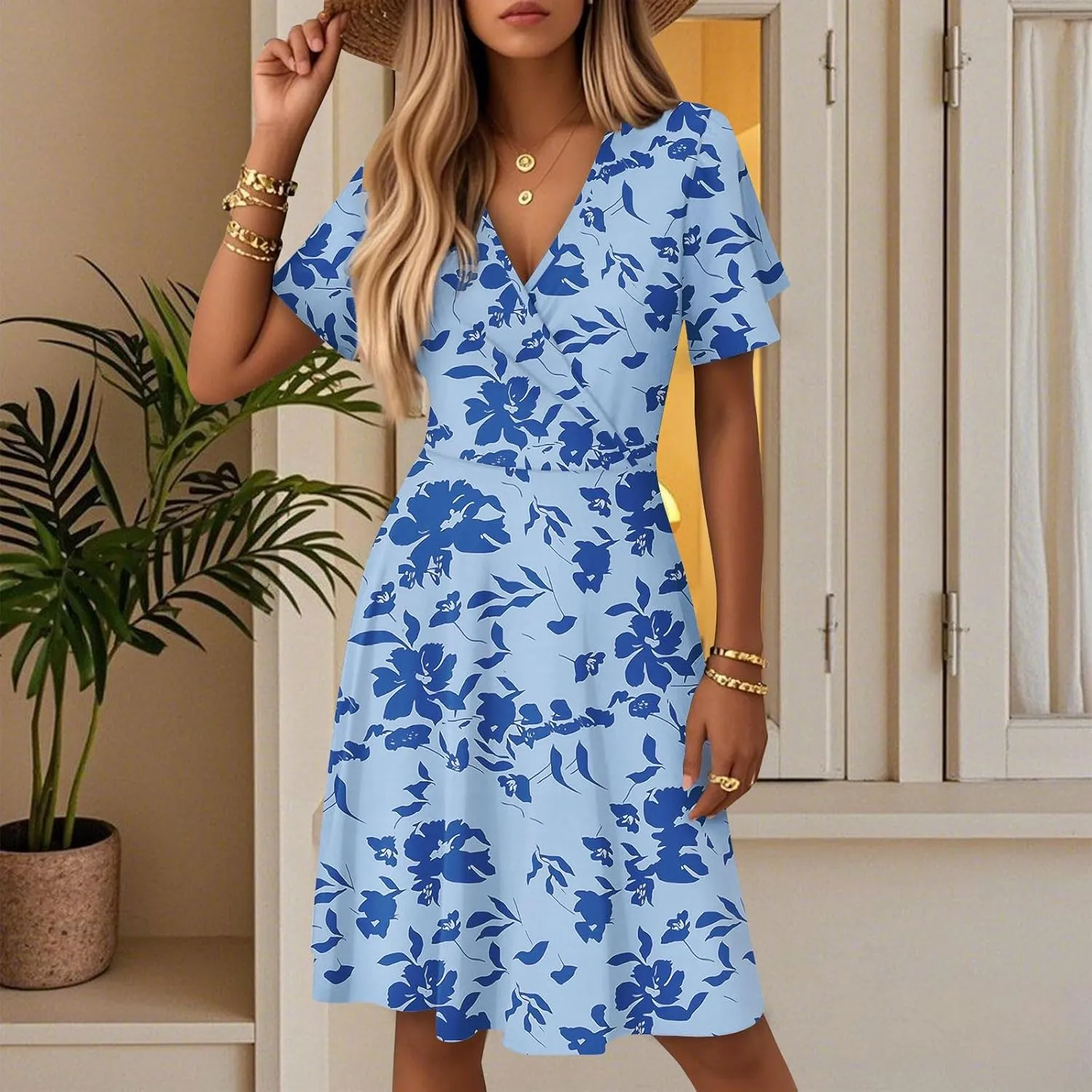 Summer Dresses for Women 2025 Floral Short Sleeve Wrap V Neck A-Line Midi Dress Flowy Beach Vacation Sundress