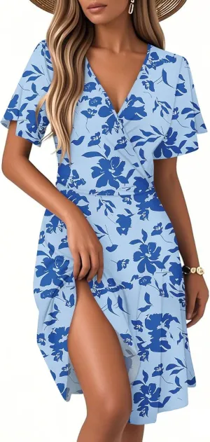 Summer Dresses for Women 2025 Floral Short Sleeve Wrap V Neck A-Line Midi Dress Flowy Beach Vacation Sundress